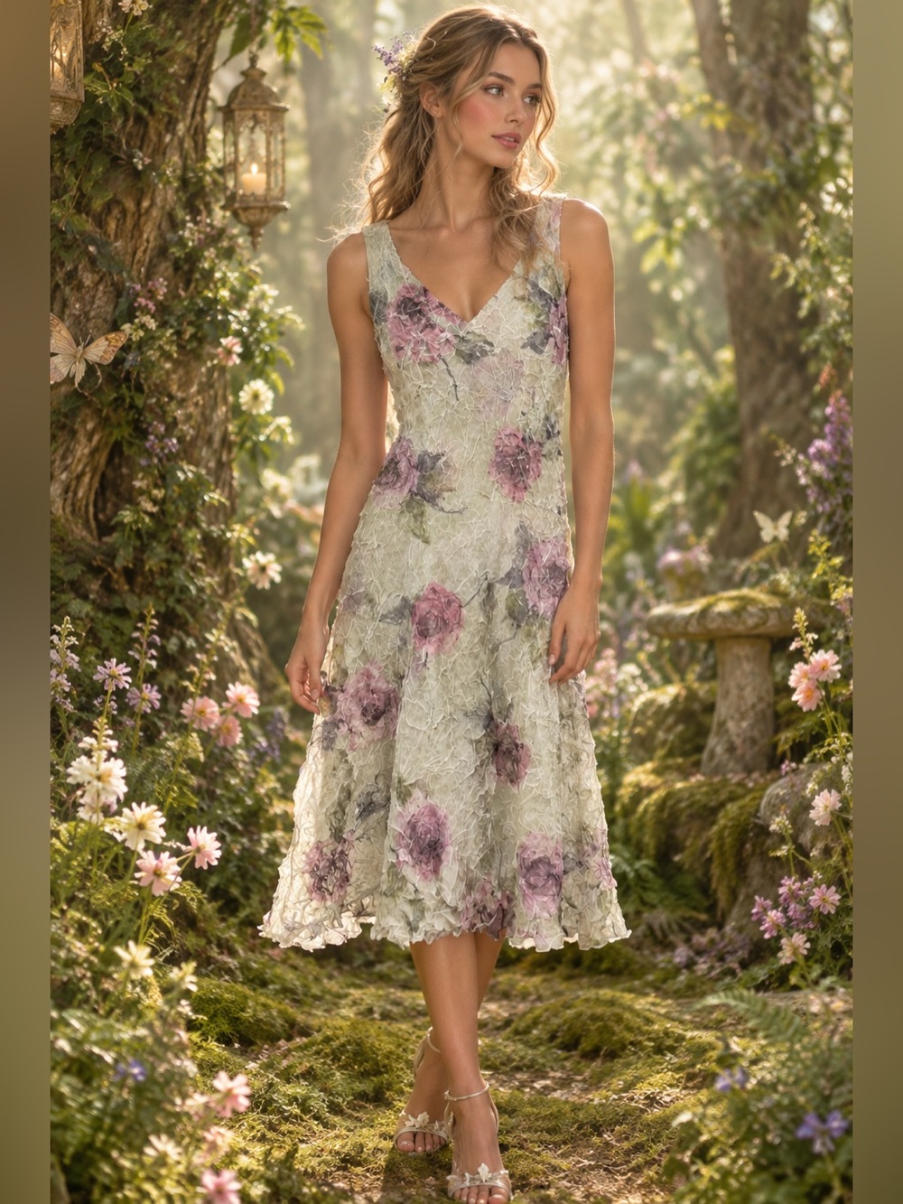 Komarov Sleeveless Crinkle Dress Floral Rose Print Green Pink Small Fairy